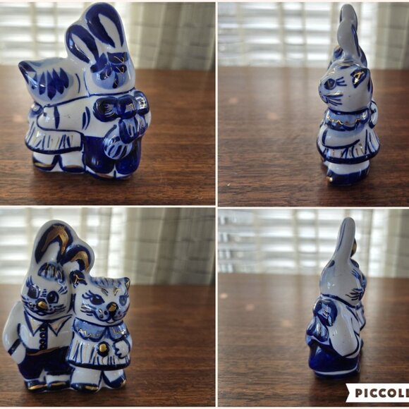 Set of 3 Gzhel Figurines Hand Painted Gilded Porcelain VTG Bunny Cat Rooster Pig - Picture 7 of 16